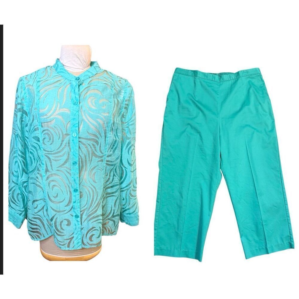 Alfred Dunner Sheer Top & Ankle Pants Sz. 16W Top 18W Pants Teal